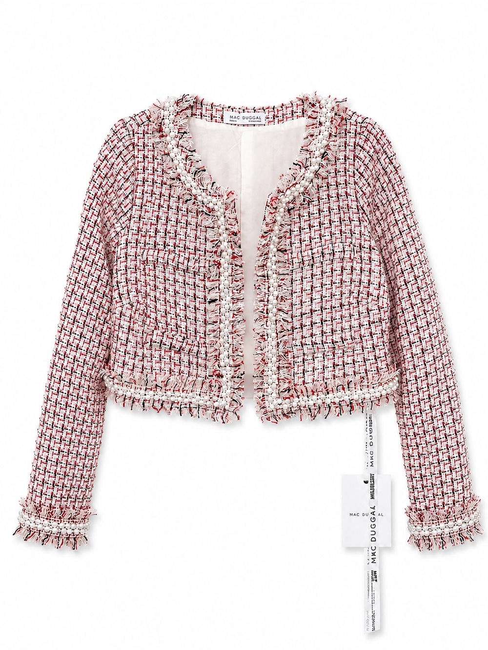 Mac Duggal Pearl Trim Bouclé Cropped Jacket Cherry NWT Size M